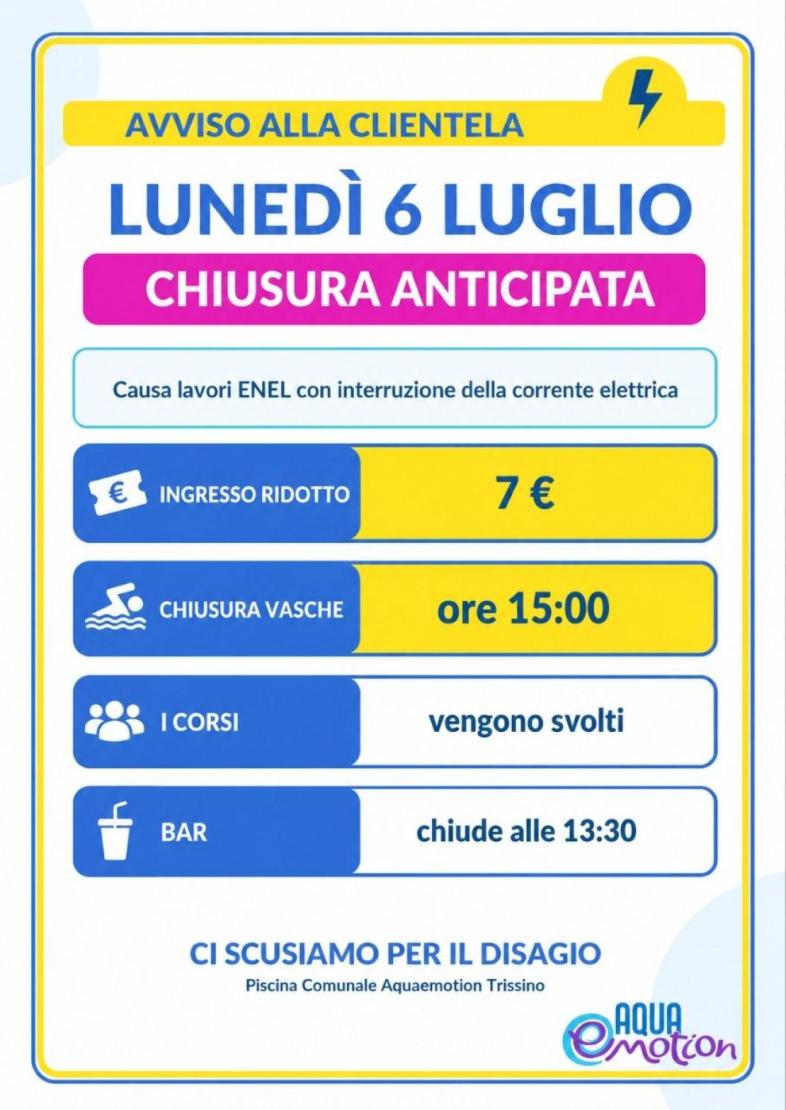 Lunedì 6 Luglio chiusura anticipata Piscina Comunale di Trissino