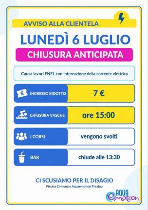 Lunedì 6 Luglio chiusura anticipata Piscina Comunale di Trissino